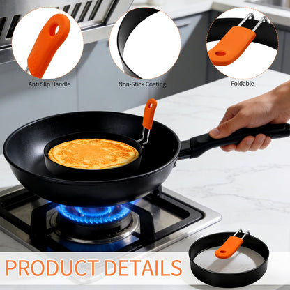 Jibrelxion 4 Pack Professional Egg Ring Set, Stainless Steel Griddle Pancake Shapers, Round Fried Egg Molds with Orange Silicone Handle for Cooking, Breakfast, Omelette and Sandwich, (4,6 Inch)