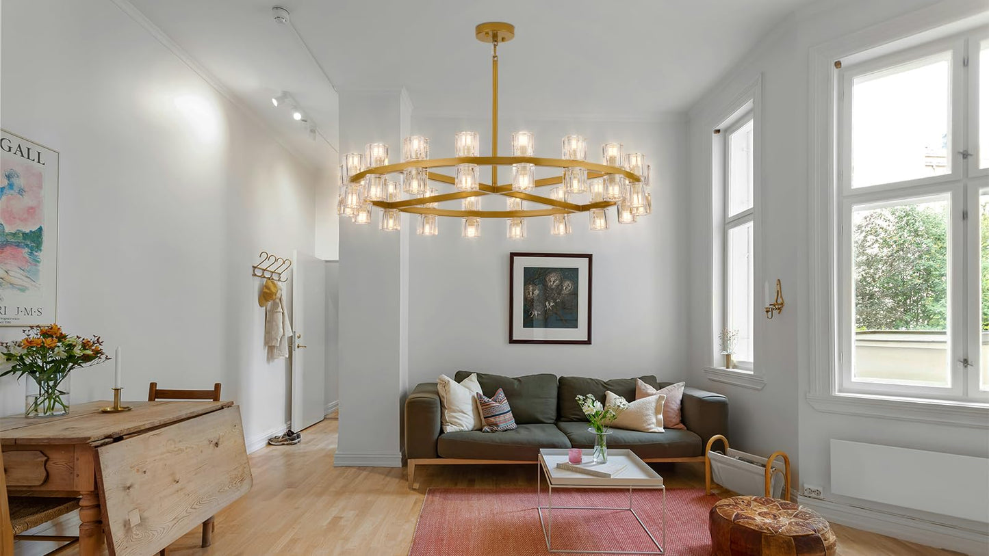 MeiYDeng 36 Inch Gold Crystal Wagon Wheel Chandelier, Modern Farmhouse Round 36-Lights Pendant Lighting Fixture, for High Ceilings Living Room, Bedroom, Foyer