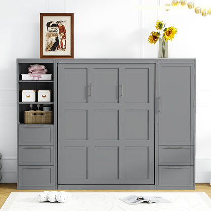 Merax Murphy Bed Queen Size, Built-in Shelves, Storage Drawers and Wardrobe, Wood Folding Wall Bedframe for Guest Room, Home Office, Grey
