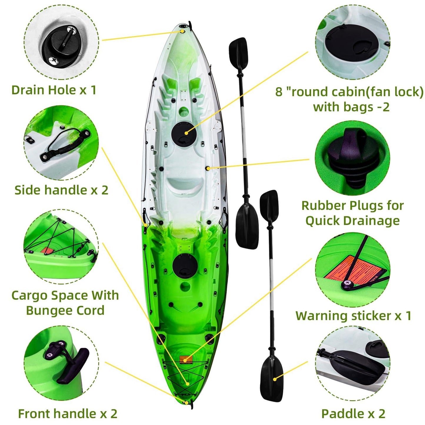 Fishing Kayaks, 12.4FT Sit on Top Kayak for 2-3 Person Adults with Paddle & Comfortable Seat, Capacity of 600LBS, Hard Shell Recreational Ocean Kayak Boat