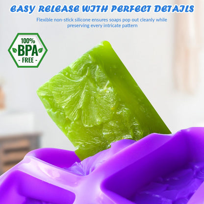 HKNMTT Silicone Square Rectangle Bar Molds Leaf Flower Pattern, 8 Cavities for Candy Soap Making Shower Steamer Homemade Bath Lotion Shampoo Bar DIY Set Non-stick Craft Food Grade 2 Pack