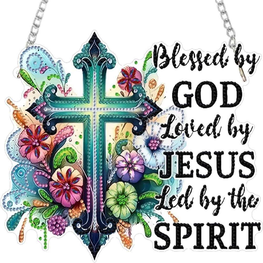 LPDJITO Flower Cross Pendant Diamonds Art kit for Adult,DIY Cross Pendant Diamonds Painting Art Kit, Acrylic Diamonds Painting Board Kit Ornament, Special Crystal Diamond Hanging Ornament Flowers