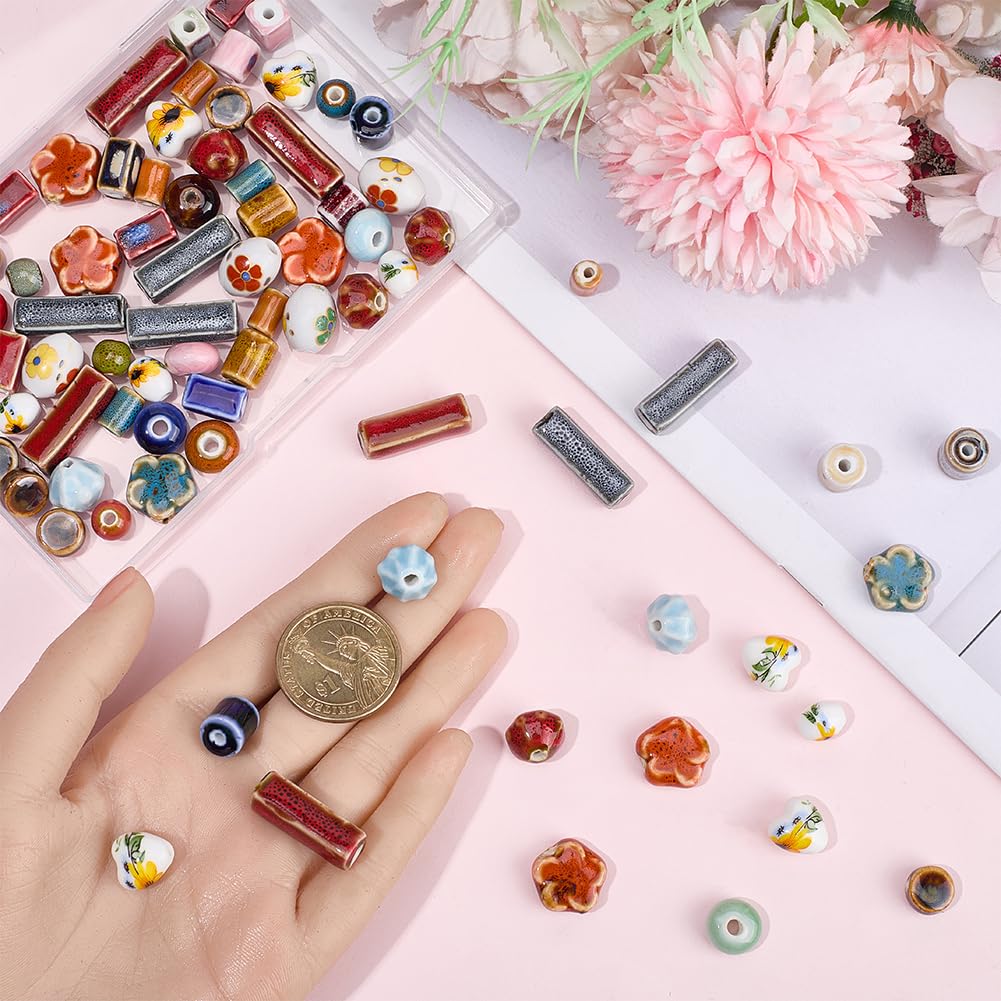 SUNNYCLUE 1 Box 100Pcs Porcelain Bead Painted Ceramic Beads Bulk Flower Floral Printed Column Tube Flat Rondelle Charms Loose Spacers for Jewelry Making Earrings Bracelets Necklaces DIY Crafts Decor