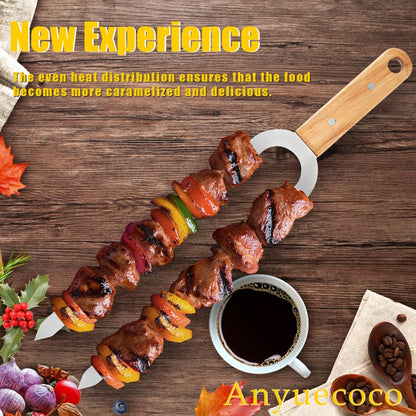 Anyuecoco Skewers for Grilling,2 PCS - 17 Inch Double Pronged Kabob Skewers With Wooden Handles,Heavy Duty Stainless Steel Skewer, Flat Skewer,For Grilling Meat, Vegetables, and Outdoor Cooking