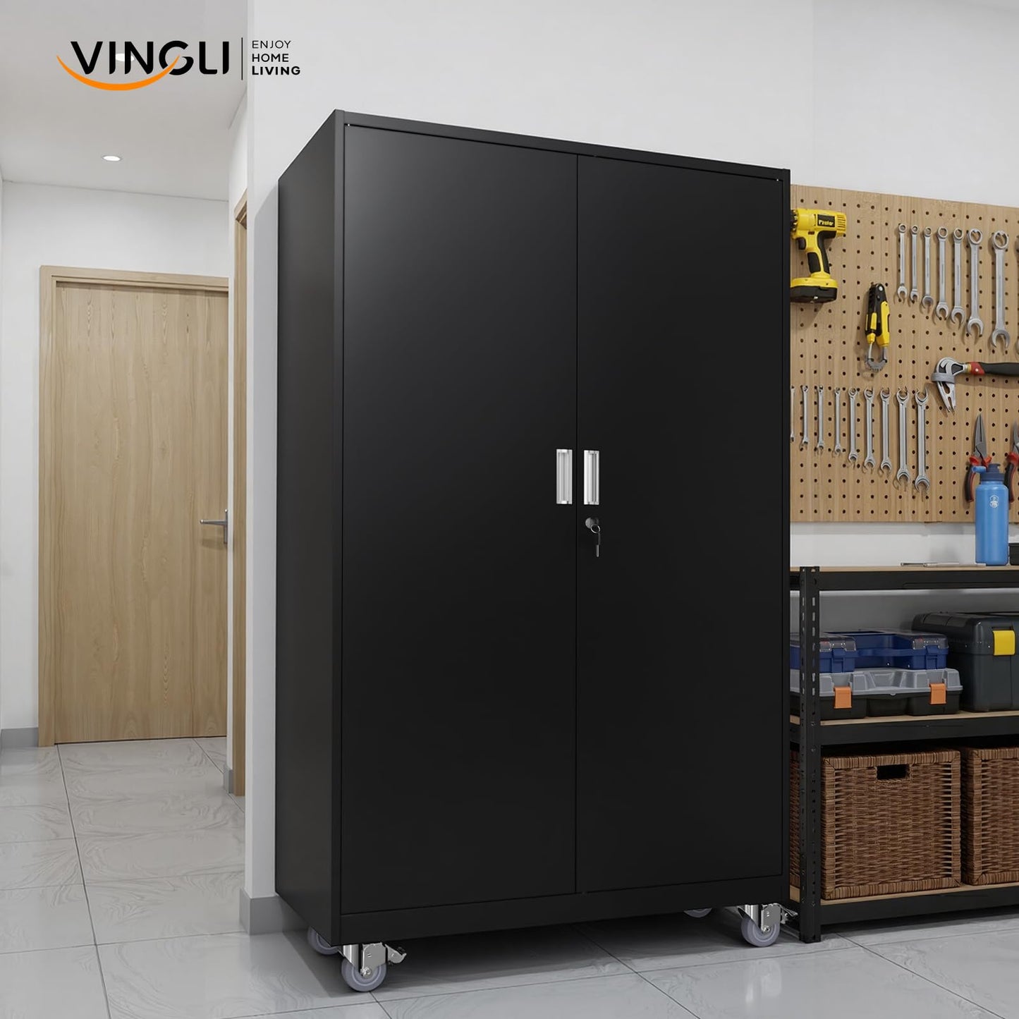 VINGLI Large Metal Storage Cabinet with 2 Doors and 5 Adjustable Shelves, Upgraded Height & Wide & Deep, 43''W x 20''D x 72''H, Oversized Garage Storage Cabinet with Wheels and Locks (Black)