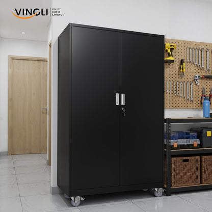 VINGLI Large Metal Storage Cabinet with 2 Doors and 5 Adjustable Shelves, Upgraded Height & Wide & Deep, 43''W x 20''D x 72''H, Oversized Garage Storage Cabinet with Wheels and Locks (Black)
