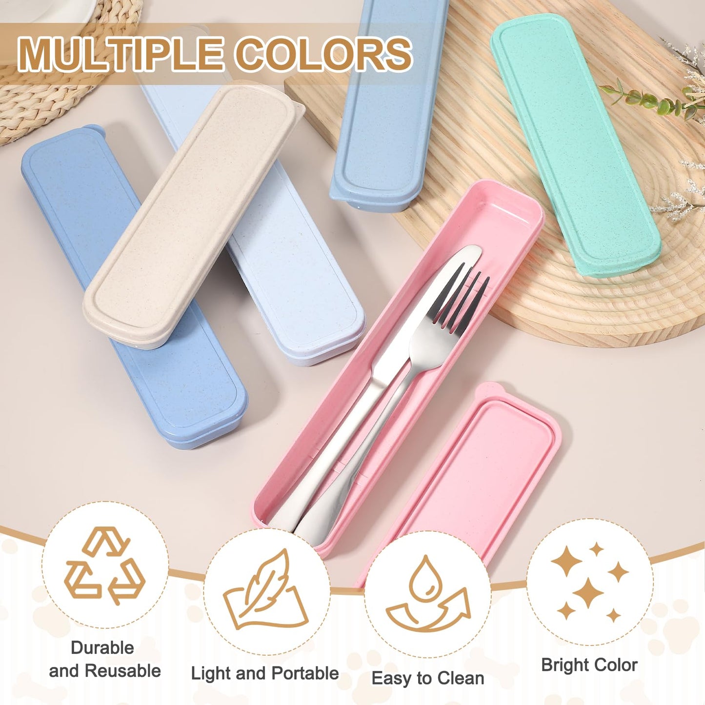 uxcell 4 Pcs Travel Utensil Holders with Case, 8.3" Portable Flatware Box with Slot Stand Reusable Plastic Travel Cutlery Case for Fork Spoon Chopsticks Lunch Box, Pink (Flat Cover)
