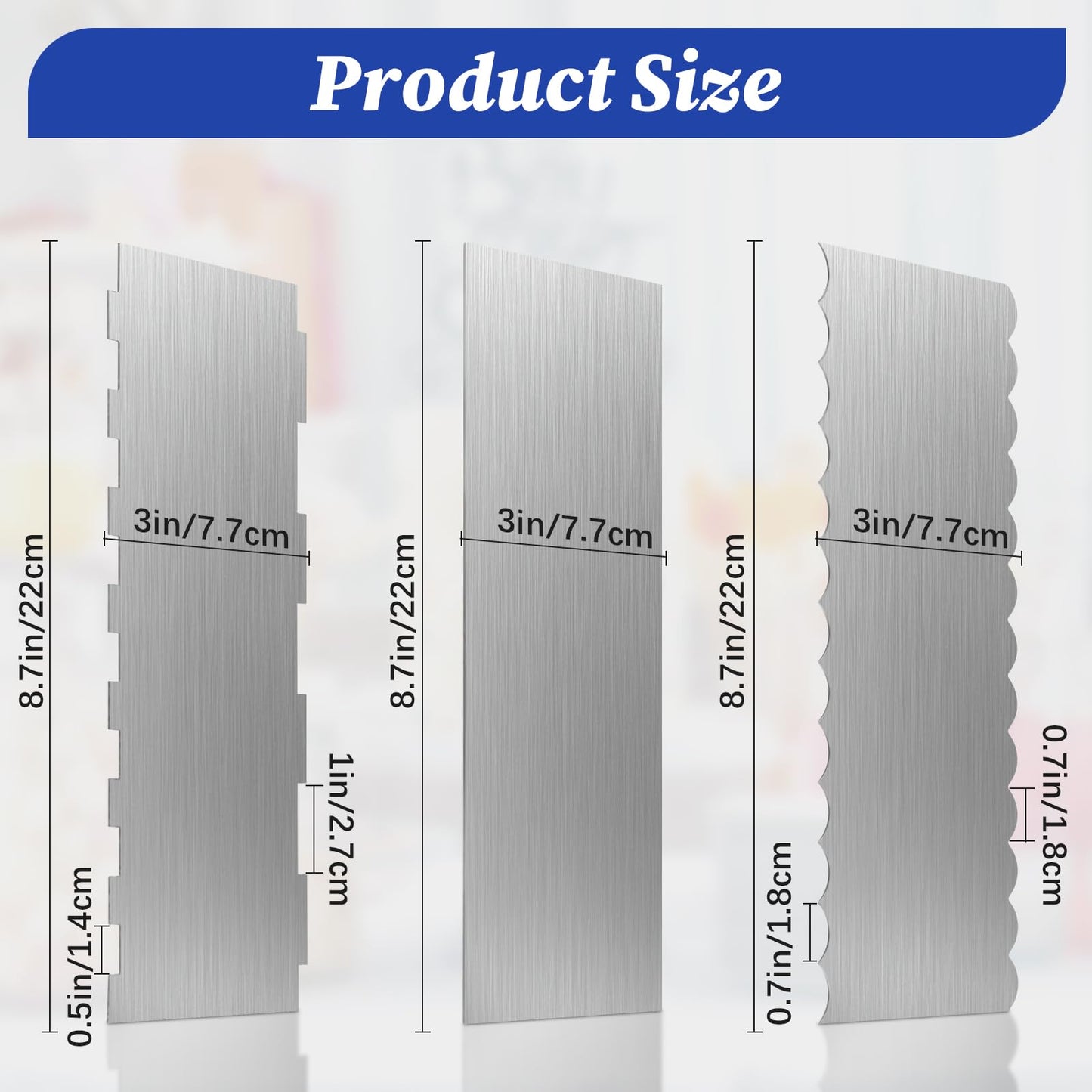 3 Pcs Stainless Steel Cake Scraper, 8.6-inch Double Sided Patterned Edge Stripe Edge Smoother Scraper, Cake Decorating Comb Metal Cake Scraper for Butter Mousse Cream Decoration