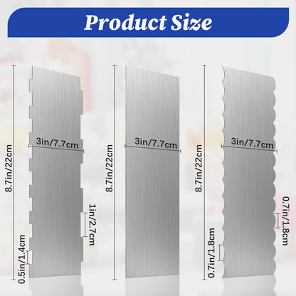 3 Pcs Stainless Steel Cake Scraper, 8.6-inch Double Sided Patterned Edge Stripe Edge Smoother Scraper, Cake Decorating Comb Metal Cake Scraper for Butter Mousse Cream Decoration