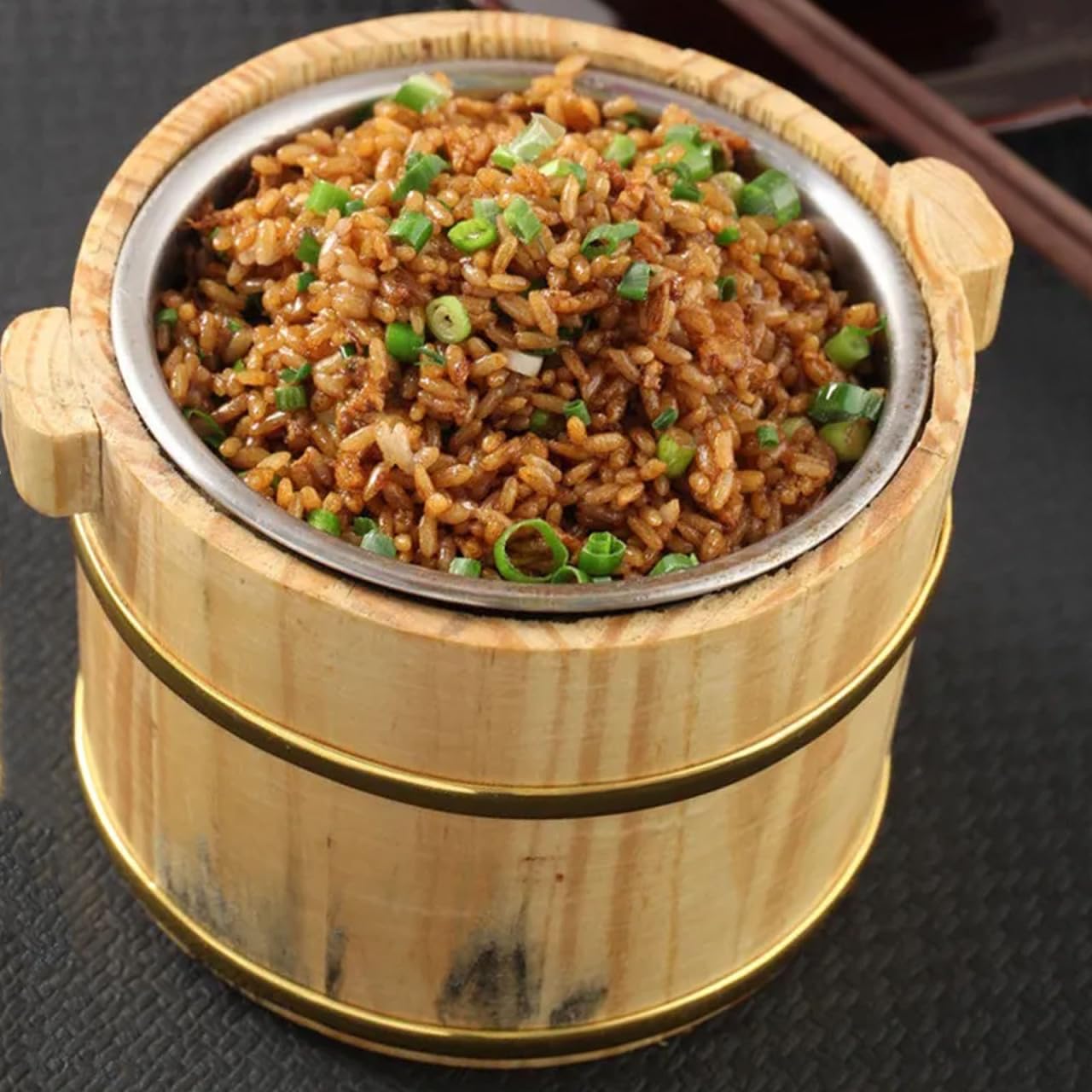 SHOWERORO Wooden Rice Bucket with Lid 6.3X4.7X4.3 Inch Japanese Style Sushi Rice Bowl and Bibimbap Mixing Tub Compact Wood Serving Dish for Home Kitchen