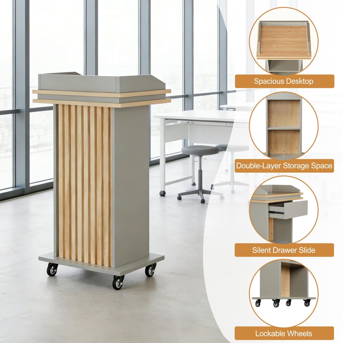 HPLWYM Podium Stand with Wheels, Wood Lectern Stand with Drawer and Double-Layer Storage Space, Mobile Pulpits for Churches, Portable Podium for Speech, Church, Office, Classroom, Conference