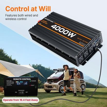 EFFORTWAY 4000W Power Inverter, 12V DC to 110V/120V Modified Sine Wave Inverter with 3 AC Outlets, USB Port, Wired Remote Controller, Car Power Inverter for RV, Truck, Boat, Camping, Off-Grid