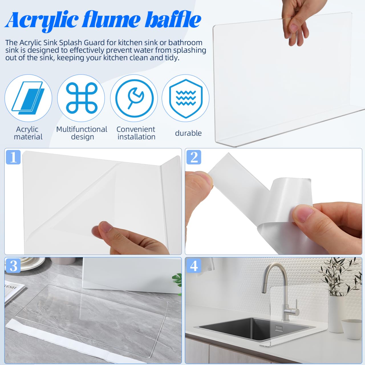 Cabilock Kitchen Sink Splash Guard 15.75X8.27 Inch Clear Acrylic Water Barrier for Bathroom and Kitchen Countertop Splash Prevention
