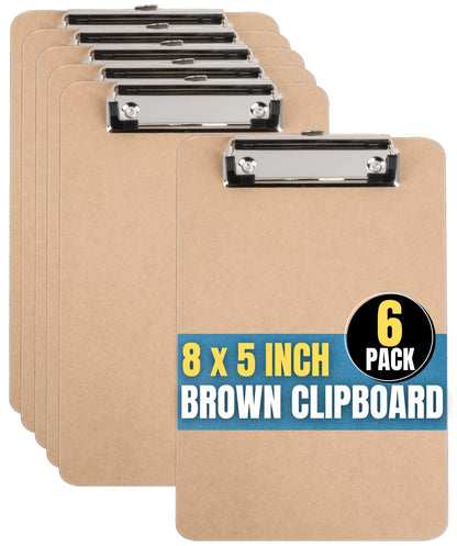 1InTheOffice 5x8 Clipboard, Mini Brown Hardboard Clipboards with Low-Profile Metal Clip, Small Vertical Clip Board for Notes, Receipts, Forms, Office and School, 6 Pack