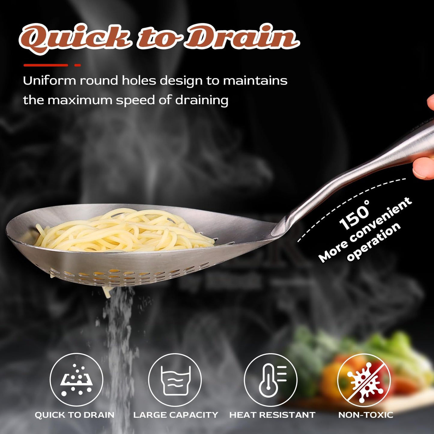 Skimmer Slotted Spoon -16.5in 304 Stainless Steel Pasta Spider Strainer Skimmer Ladle Spoon for Cooking and Frying - Kitchen Metal Scoop Colander Strainer Spoon with Heat Resistant Black Wooden Handle
