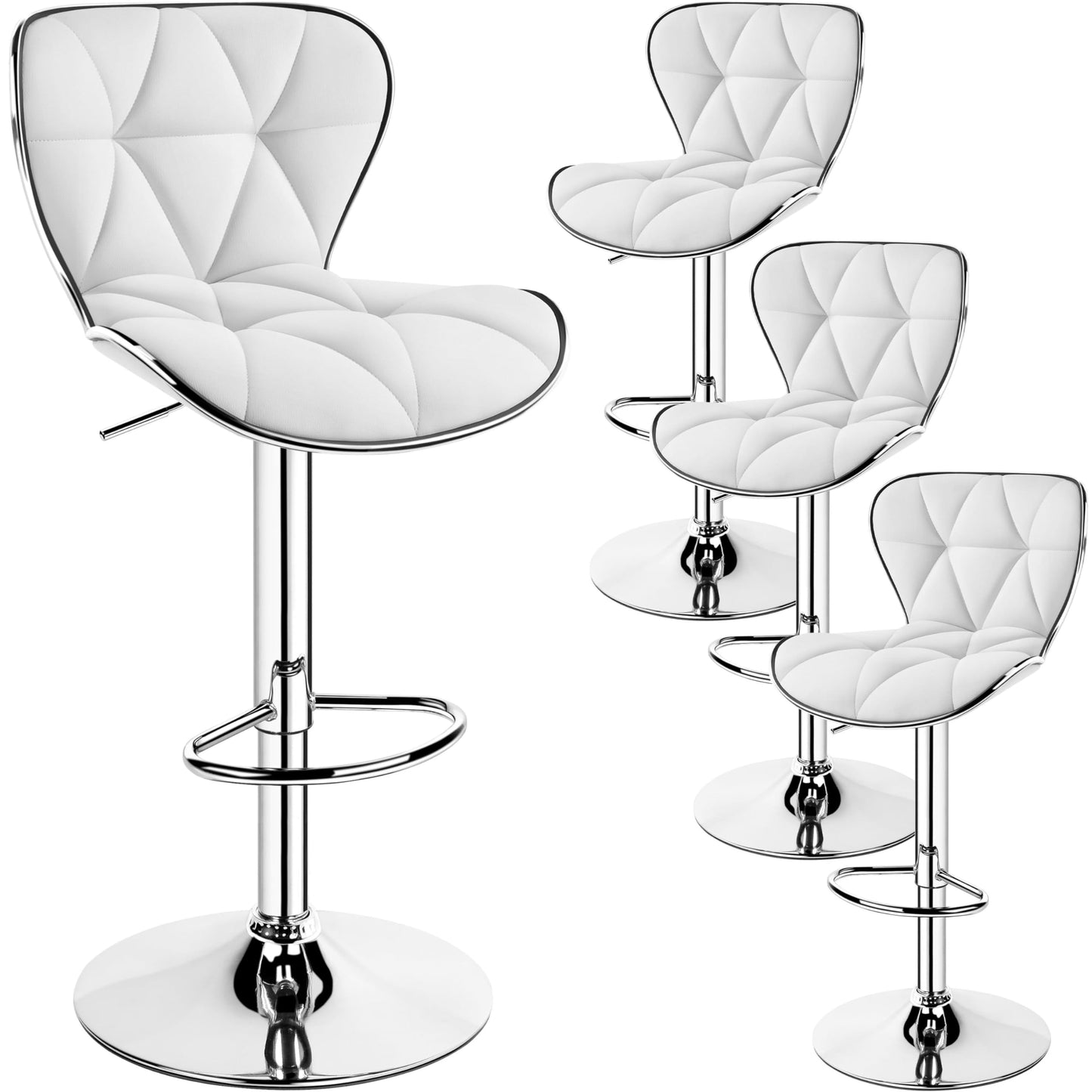 Yaheetech Bar Stools Leather Set of 4, Adjustable Shell Back Barstools with Footrest, Counter Height Bar Chairs with Back for Kitchen Island, White