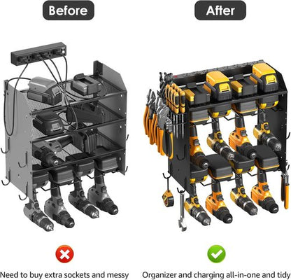 CCCEI Modular Power Tool Organizer - Wall Mount Charging Station for 8 Cordless Drills | Black Utility Rack with Hooks