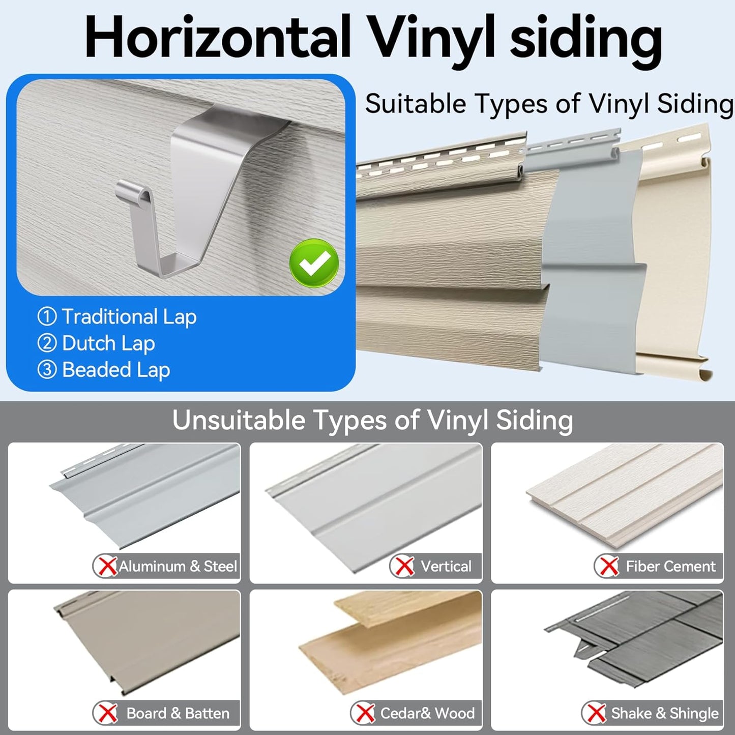 20 Pack Amuille Vinyl Siding Hooks, No Hole Siding Hanging Hangers, Heavy-Duty Stainless Steel Vinyl Siding Hanger