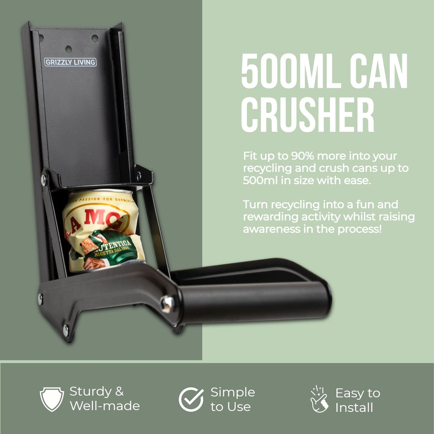 Grizzly Living Heavy Duty Can Crusher for Recycling | Can Rrusher Wall Mounted for 12-16oz Cans | Aluminum Can Crusher for Recycling Soda, Beer or Soft Drinks Cans, Can Smasher for Recycling