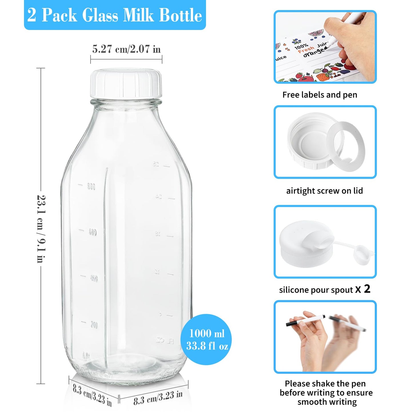 2 Pack Glass Milk Bottle with 2 Dispenser Caps, 100% Airtight Heavy Duty Screw Lid. 32 Oz Reusable Glass Water Jug with 3 Lids! Breast Milk Pitcher, Buttermilk, Nut, Juice, Syrup, Coffee Creamer