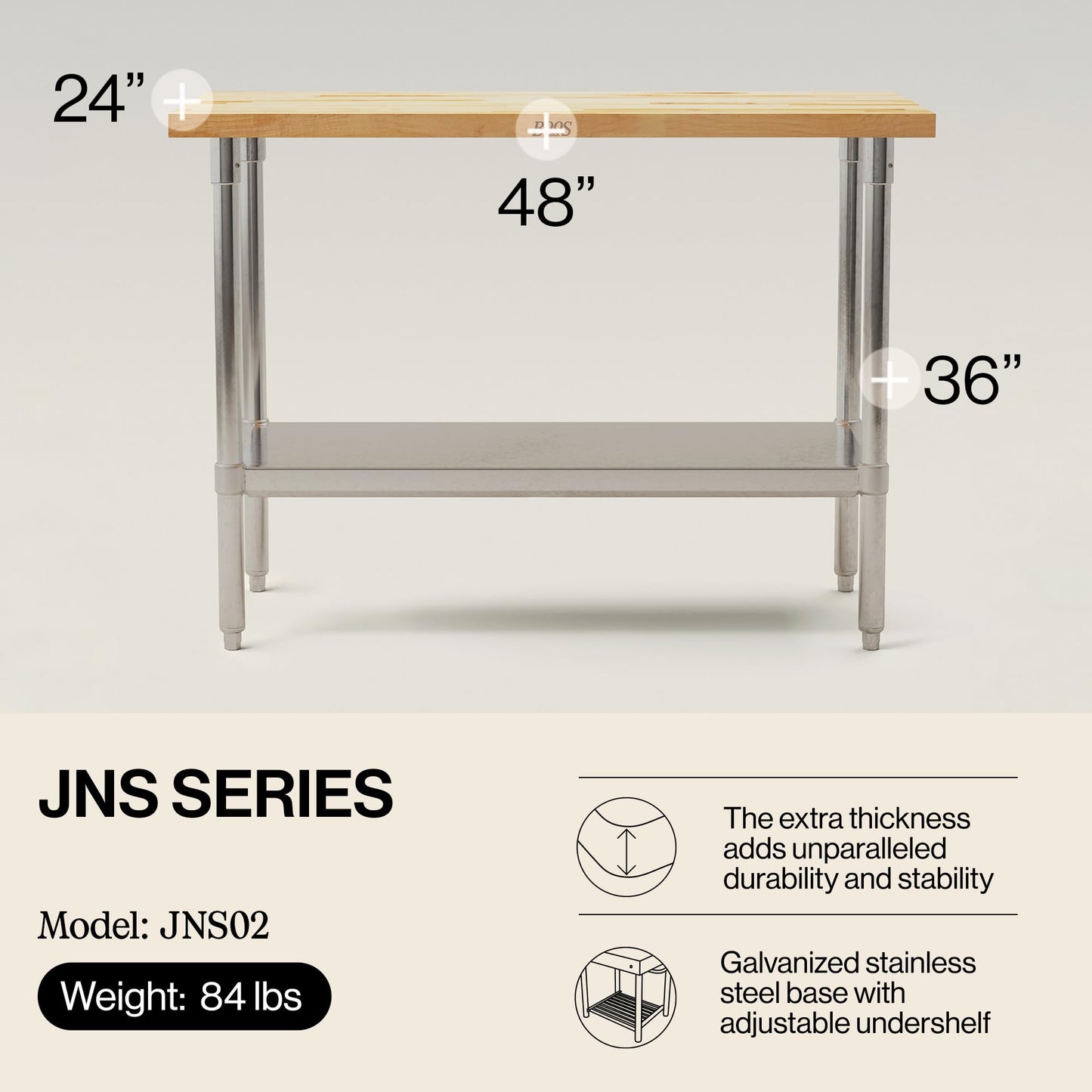 John Boos Maple Wood Top Work Table, 48”x24”x36” – 1.5” Thick Tabletop, 86-lb Kitchen Station with Wooden Edge-Grain Table & Steel Base, & Adjustable Shelf