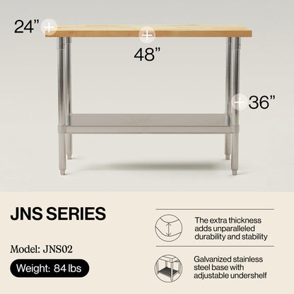John Boos Maple Wood Top Work Table, 48”x24”x36” – 1.5” Thick Tabletop, 86-lb Kitchen Station with Wooden Edge-Grain Table & Steel Base, & Adjustable Shelf