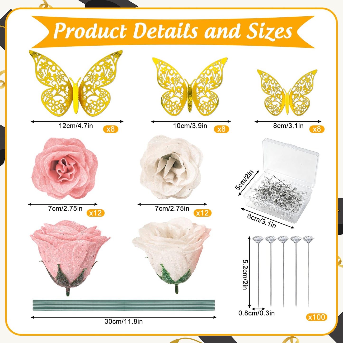 JarThenaAMCS 2026 Graduation Glitter Rose Bouquet 24Pcs White Pink Rose Artificial Flowers with Stems DIY Toppers 3D Gold Butterfly Rhinestone Pins Ribbon for Congrats Grad Mother's Day Birthday