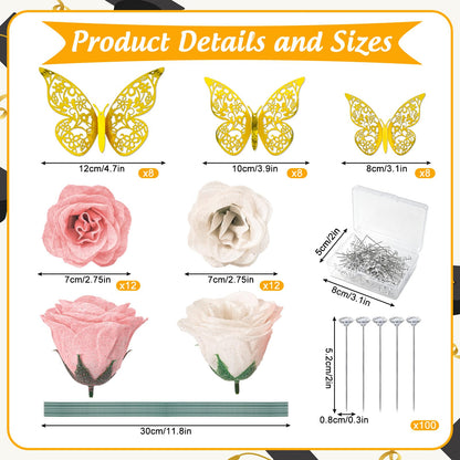 JarThenaAMCS 2026 Graduation Glitter Rose Bouquet 24Pcs White Pink Rose Artificial Flowers with Stems DIY Toppers 3D Gold Butterfly Rhinestone Pins Ribbon for Congrats Grad Mother's Day Birthday