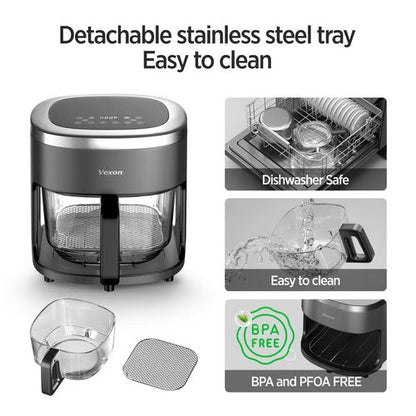 6-IN-1 Glass Air Fryer,4.5QT Air Fryer with Viewing Glass Pot, Air Fry, Dehydrate, Air Crisp Technology,Nonstick & Dishwasher Safe Basket,97% Less Oil,Features Digital Timer (Gray)
