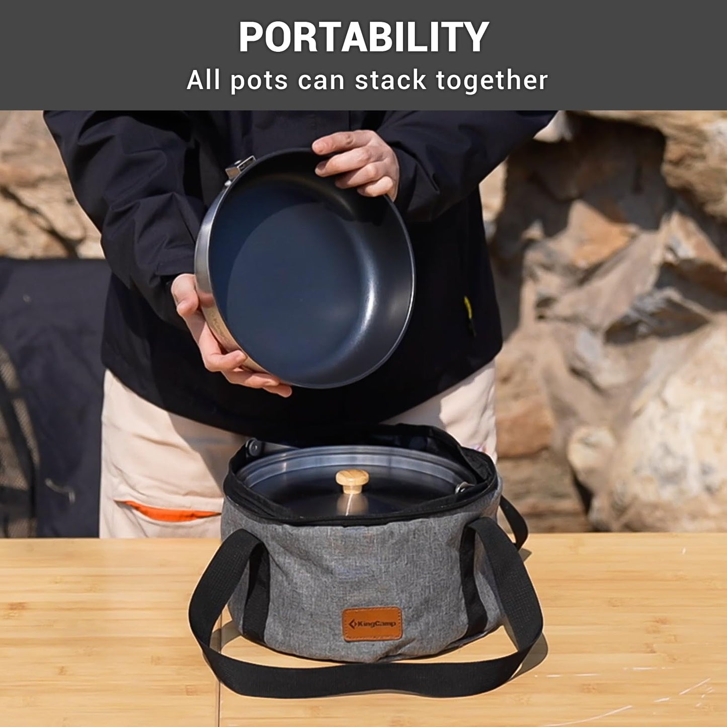 KingCamp Camping Cookware Set, 304 Stainless Steel Campfire Cooking Pots Pan and Kettle with Travel Tote Bag for Camping Outdoor Kitchen Cooking Picnic for 4-6