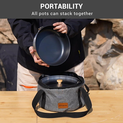 KingCamp Camping Cookware Set, 304 Stainless Steel Campfire Cooking Pots Pan and Kettle with Travel Tote Bag for Camping Outdoor Kitchen Cooking Picnic for 4-6