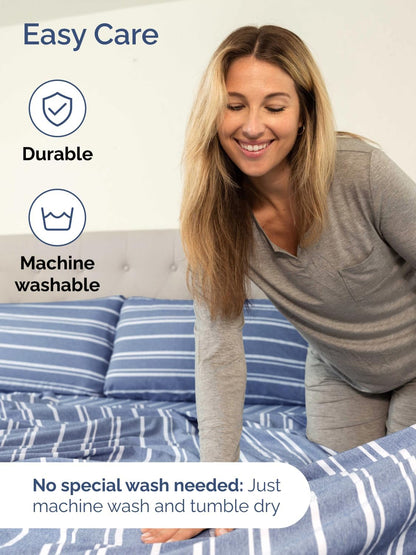 Skiennix Extra Deep Cal King Sheet Set | 6-Piece Breathable Cooling Bedding - Soft, Wrinkle-Free, Blue Stripes
