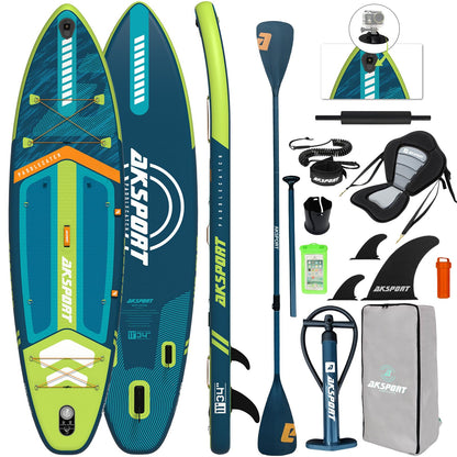 AKSPORT 11' Inflatable Stand-Up Paddle Board with Upgraded SUP Accessories Kit | Extra Wide 34" Design | Non-Slip Deck | Premium SUP Board for Adults & Youth of All Levels