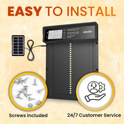 Anti-Pinch 5-Year Okkobi Automatic Chicken Coop Door Solar Powered - LCD Display - Chicken Coop Door with Light Sensor