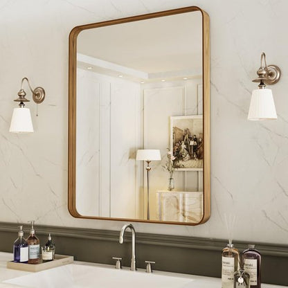 LOAAO Bathroom Mirror - 24x32 Inch Rounded Rectangle Design with Anti-Rust Wood Grain Frame | Versatile Hanging Options