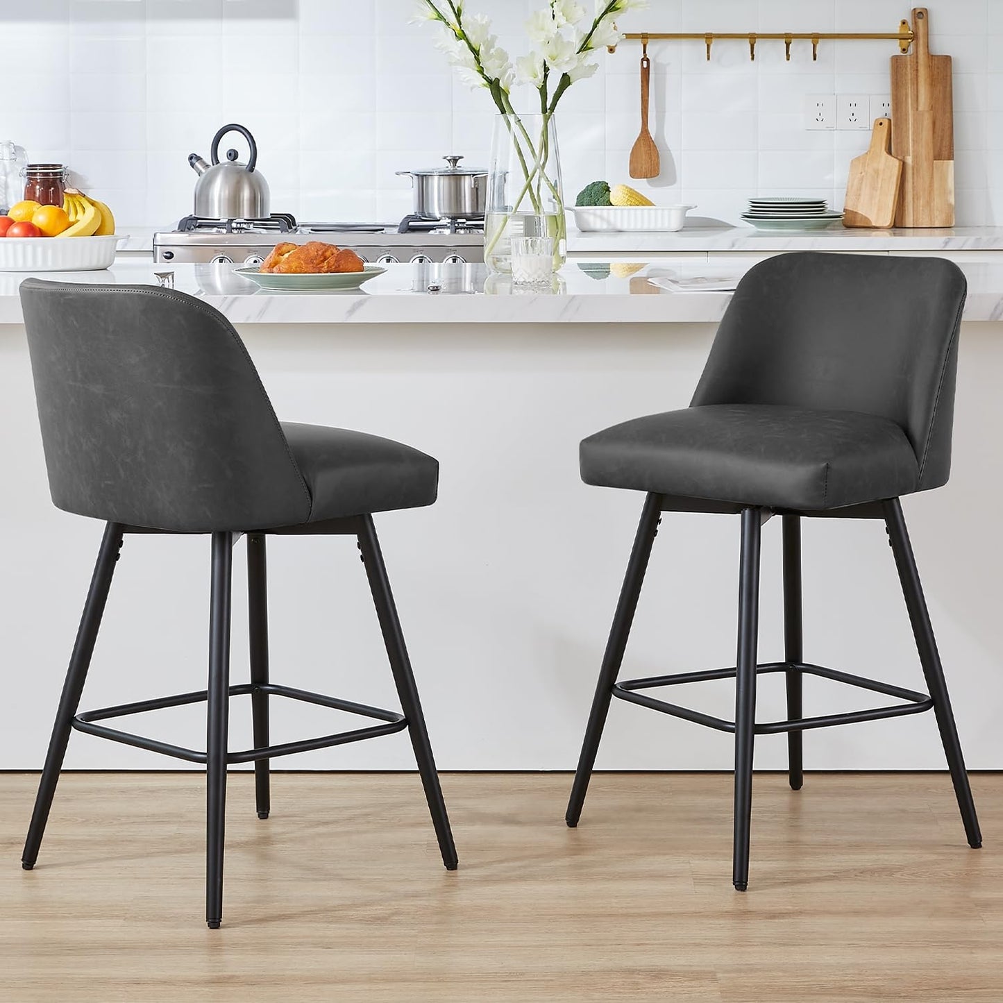 Coolazy Counter Height Bar Stools Set of 4,360° Swivel Faux Leather Barstools with High Back 26" H Seat Height (Faux Leather-Grey, 4 Pieces - 26" Counter Height)