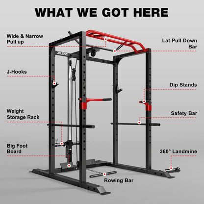 JELENS S11 Power Cage, 2000LB Multi-Function Power Rack with LAT Pulldown, Squat Rack with Adjustable Pulley System and Training Attachments, Weight Rack for Home Gym