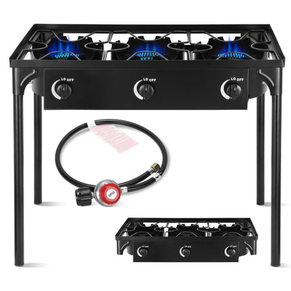 FSUON Outdoor Camping Stove, 225000 BTU, High Pressure 3 Burner, Propane Gas Cooker with Detachable Legs, 30 PSI Regulator