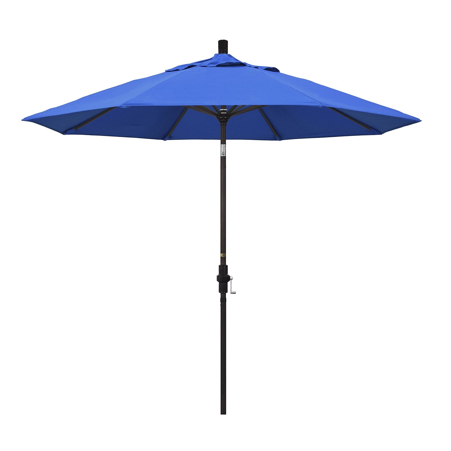 California Umbrella 9' Round Aluminum Market Umbrella, Crank Lift, Collar Tilt, Bronze Pole, Royal Blue Olefin