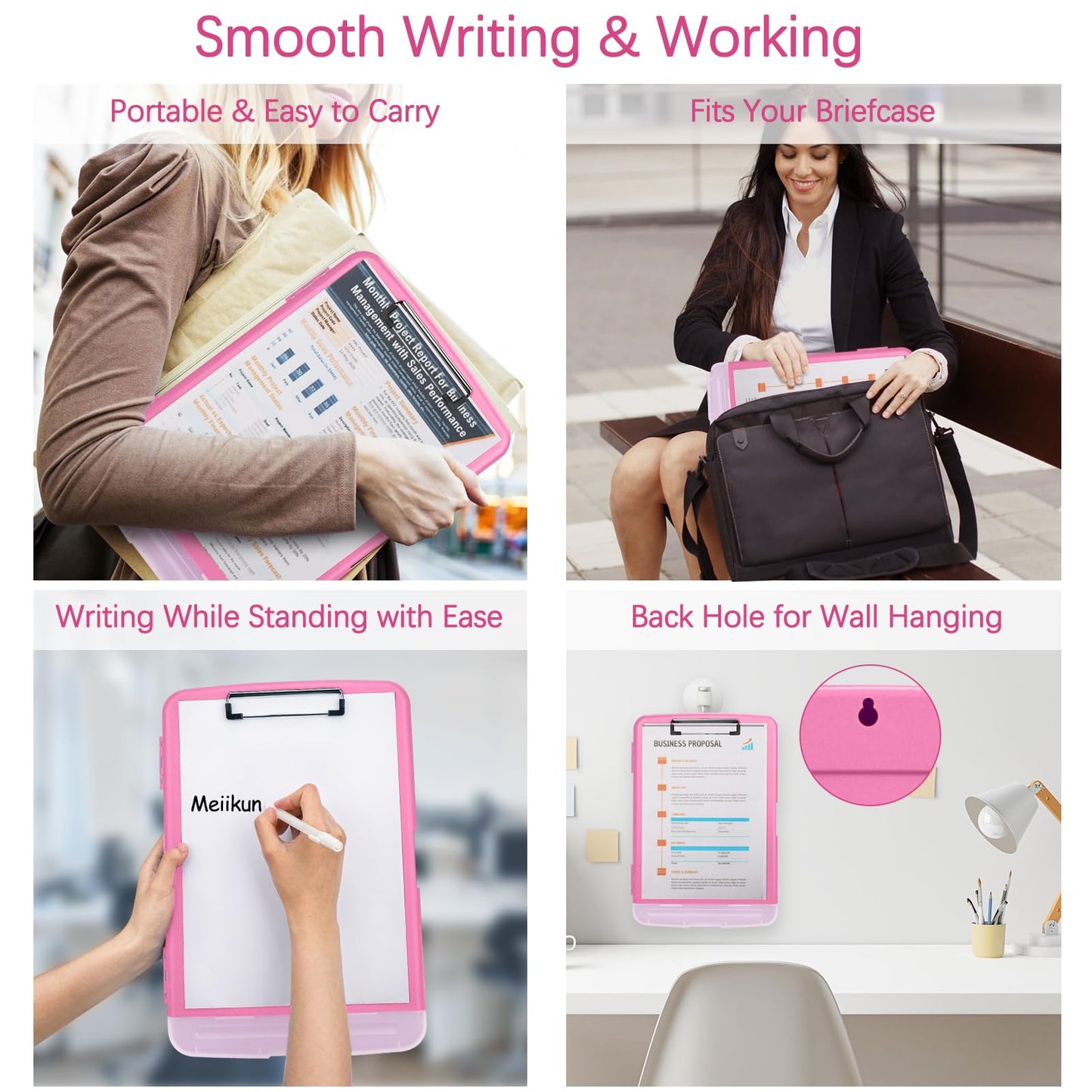 Meiikun Clipboard with Storage, Plastic Clipboards 8.5x11 with Pen Holder, High Capacity Nursing Clipboard Folder, Side Opening Storage Clip Board for Office Work Nurses Teachers (Pink)