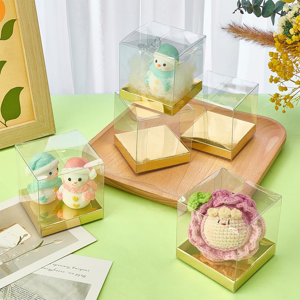 BENECREAT 30 Pcs Clear Gift Boxes, 2.4x2.4x2.4 Inch Folding PVC Favor Boxes with Gold Paper Card Base for Wedding Birthday Party Festival Gift Packaging