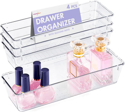 HOUSE DAY Desk Drawer Organizer Bins, 4 PCS Clear Drawer Organizers with Silicone Pads for Makeup, Office