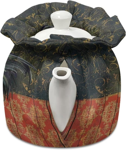 Rooster Chicken Print Tea Cozies, Floral Wood Design Portable Kettle Cover, Cotton Tea Pot Cover, Dust Proof Insulated