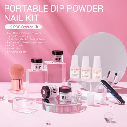 AZUREBEAUTY Dip Powder Nail Kit Starter, All Season Skin Tone Nude Brown 4 Colors Acrylic Dip Powder Liquid Set with Base/Top Coat Activator for French Nail Art Manicure DIY Salon Gifts