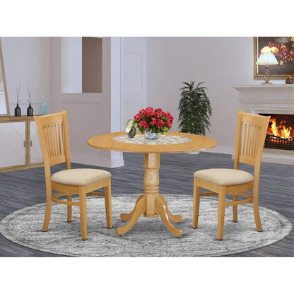 East West Furniture DLVA3-OAK-C 3 Piece Dining Set Contains a Round Dining Room Table with Dropleaf and 2 Linen Fabric Upholstered Chairs, 42x42 Inch, Oak