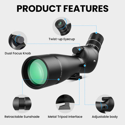 Three Triping Dual Focusing ED Spotting Scope, 20-60x80 Spotting Scopes with Phone Adapter, Tripod & Carrying Case, BAK4 Ultra High Definition, IPX7 Waterproof Fogproof for Bird Watching