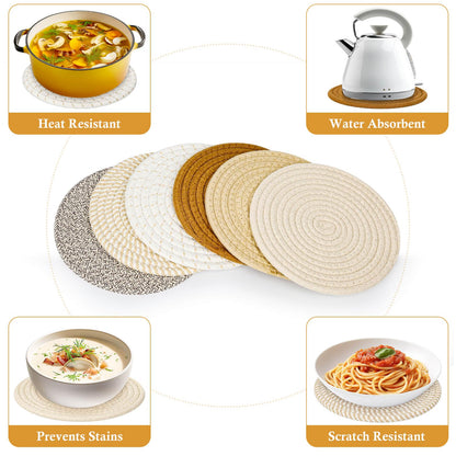 Billbotk 8"" Trivets for Hot pots and Pans, 6 Heat Resistant Hot Pads, Pot Holders for Kitchen, Hot Plate Mats for Table, Kitchen Decor for Counter, Home Essentials, Farmhouse, Brown, WT-6-2