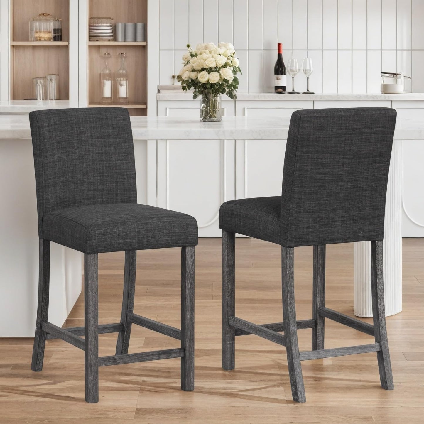 ERGOMASTER Counter Height Bar Stools Set of 4, 24.5'' Fabric Upholstered Barstools Mid Century Modern Island Bar Chairs with Back for Kitchen, Dining Room, Bar, Restaurant, Charcoal Grey