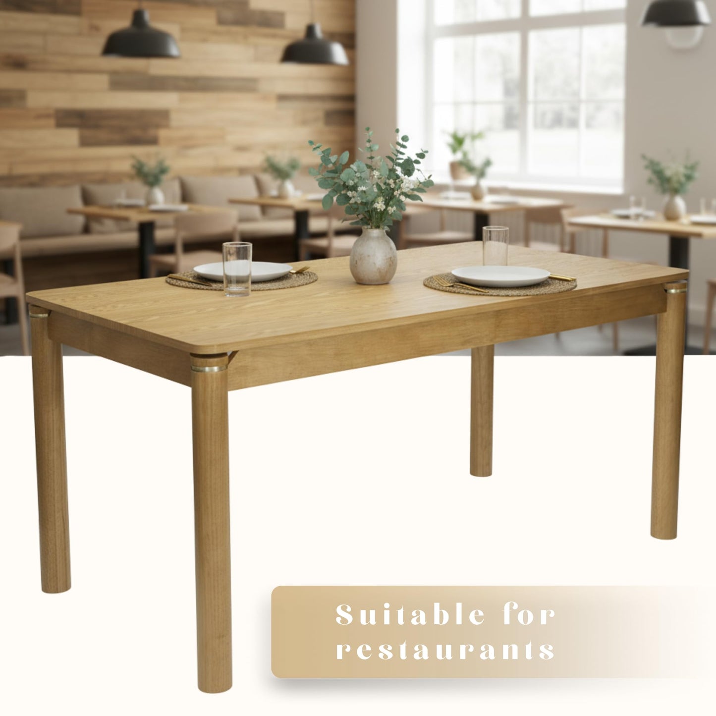 Hyfirm Solid Wood Dining Table for 4-6, 63 Inch Mid Century Modern Rectangular Kitchen Table with Gold Ring Decoration, Farmhouse Dinner Table for Dining Room/Home Office/Restaurant, Natural