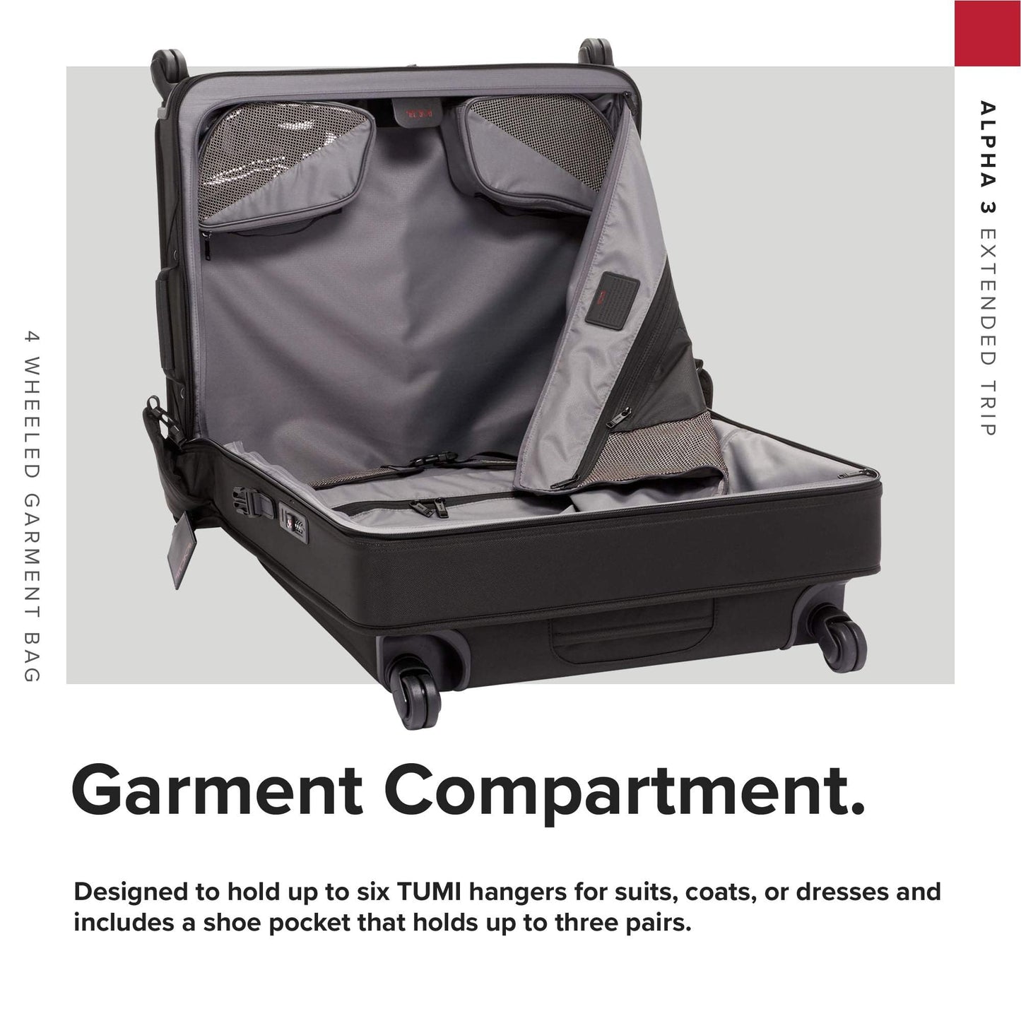 TUMI - Alpha Extended Trip 4 Wheeled Garment Bag - 4-Wheeled Clothing Bag for Hanging Suits, Dresses & Coats - With TSA Lock - Black